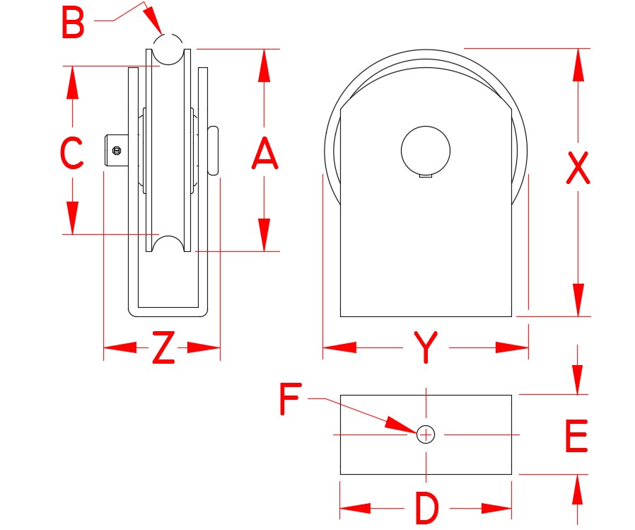 Stainless Steel Surface Mount Block (Rope), S0421-0050-R, S0421-0075-R, S0421-0100-R, Line Drawing